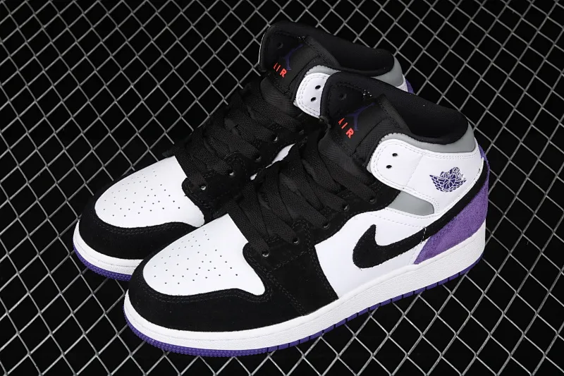 All categories Air Jordan Jordan series basketball shoes Air Jordan 1 Mid G version pure original Air Jordan 1 Mid GS AJ1 Joe 1 black and white purple Chinese basketball shoes BQ6931-105